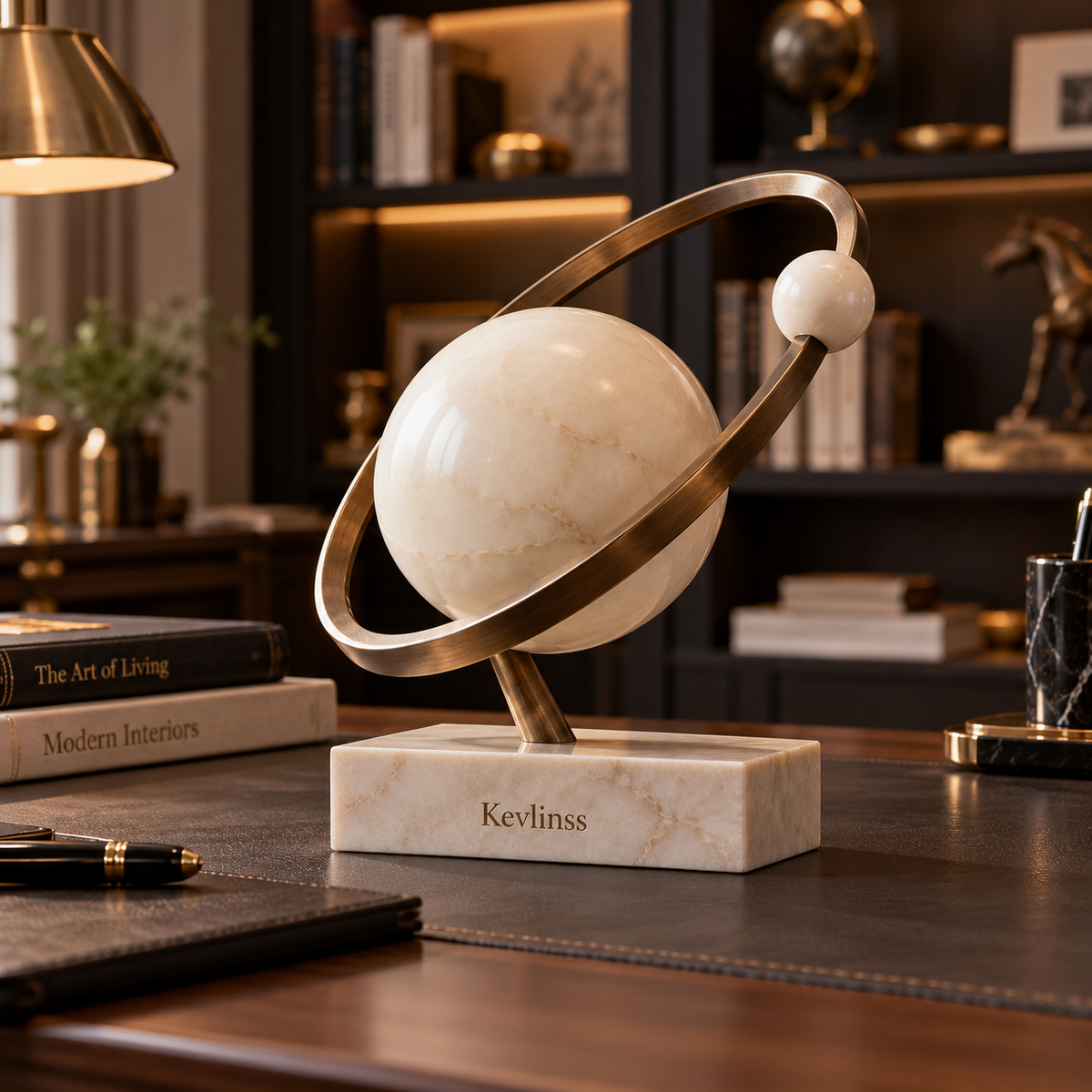 Cream sphere and sweeping gold-tone orbital rings on a rectangular base