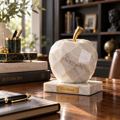 Faceted cream marble-effect apple ornament with gold-tone stem and base
