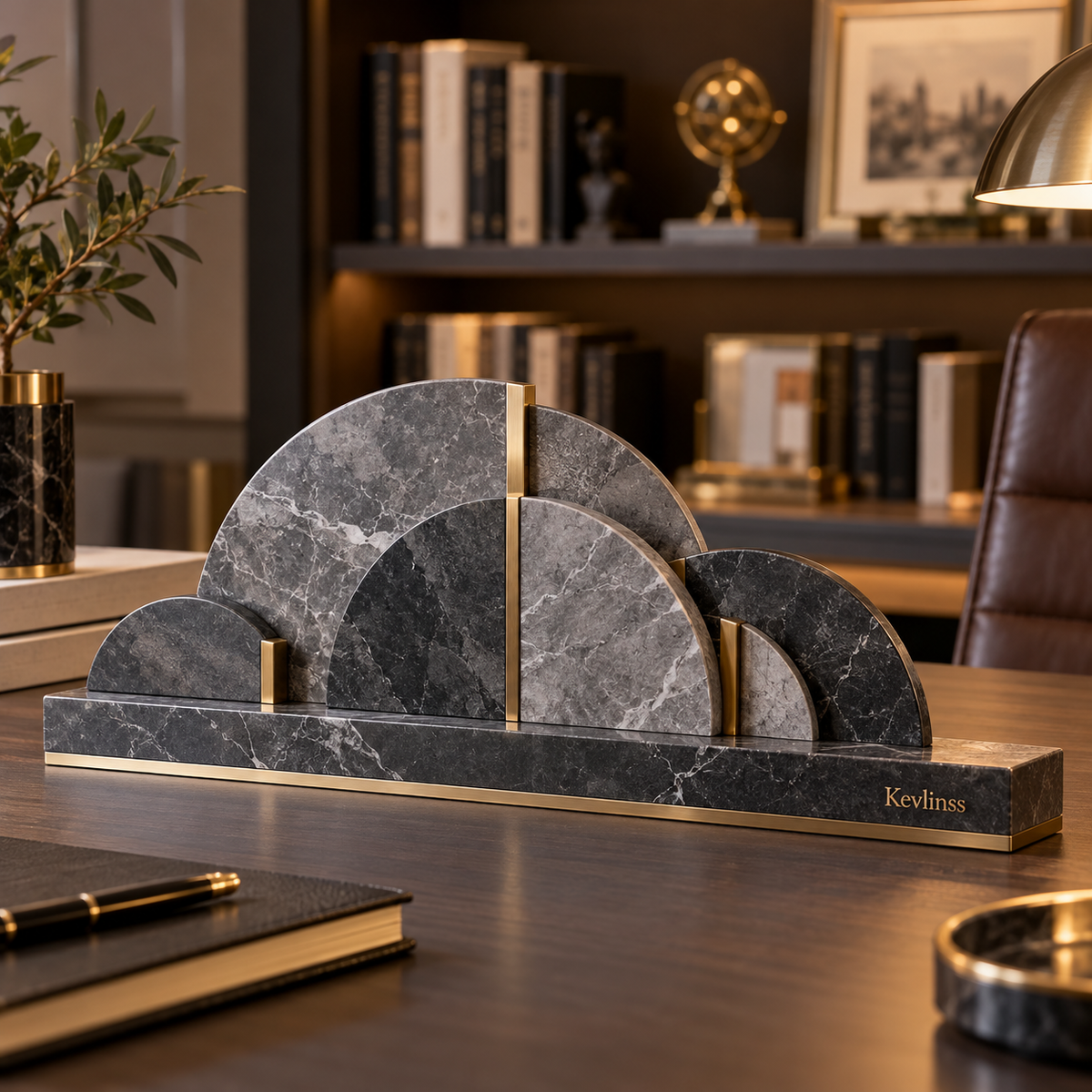 Layered semicircular marble-effect sculpture with gold-tone dividers