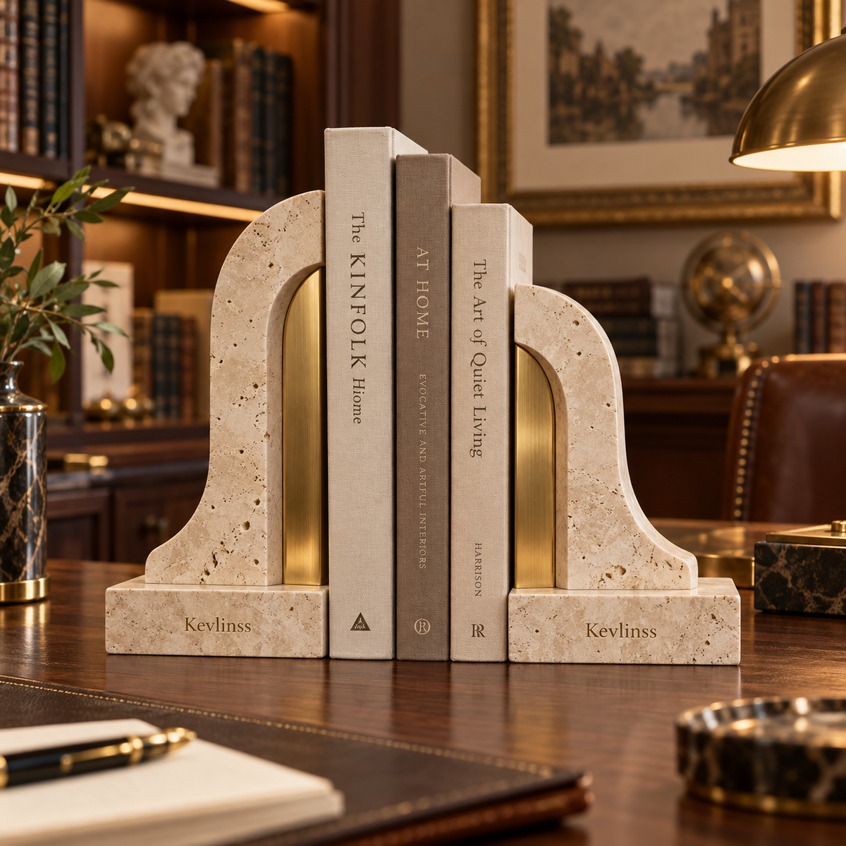 Cream stone-look arched bookends with gold-tone inner details