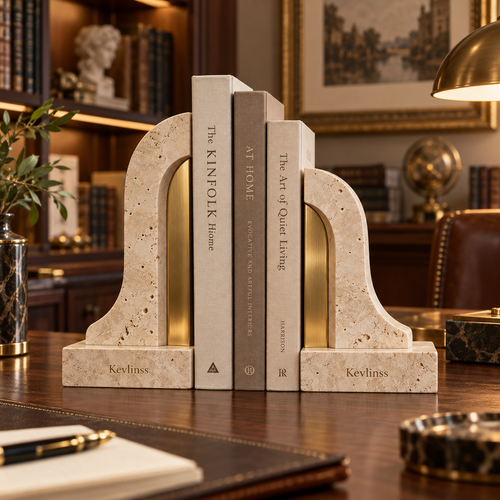 Cream stone-look arched bookends with gold-tone inner details