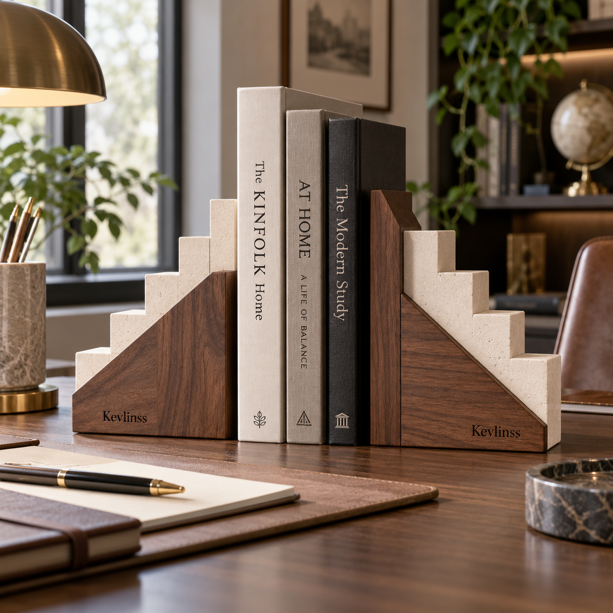 Stepped bookends combining warm wood-look panels and cream stone-look steps
