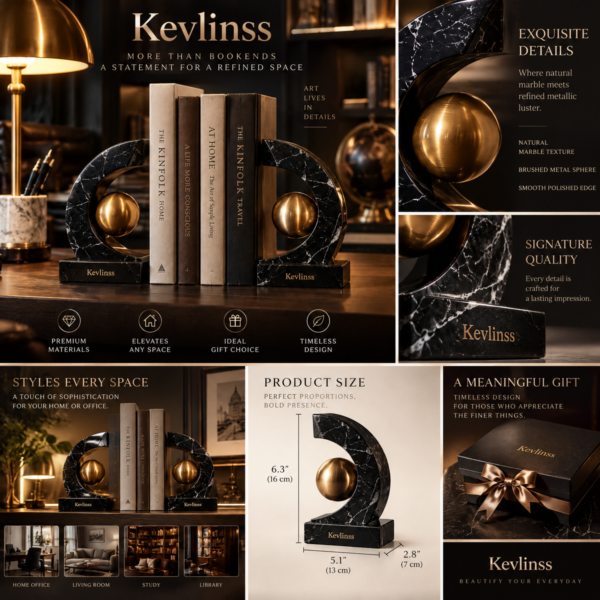 Kevlinss™ Crescent Marble-Effect Bookend Pair