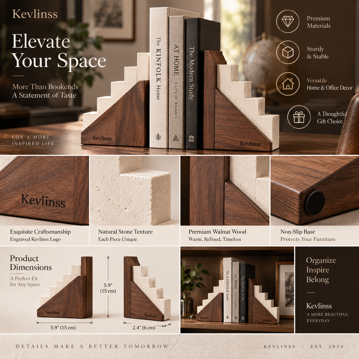 Kevlinss™ Stepped Wood-and-Stone Bookend Pair