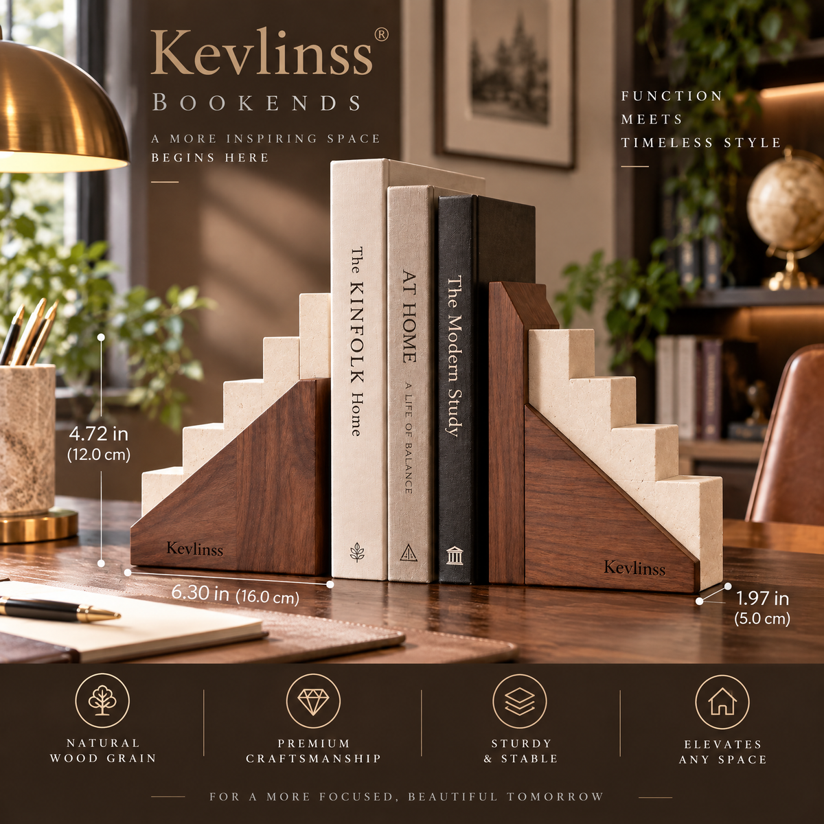 Kevlinss™ Stepped Wood-and-Stone Bookend Pair